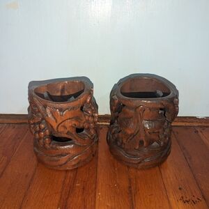 Pair Of Carved Vintage Wooden Candle Holders